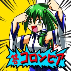 Rule 34 | 1girl, 2channel, arms up, bad id, bad pixiv id, crazy eyes, detached sleeves, emphasis lines, female focus, frog, green hair, hair ornament, kochiya sanae, long hair, meme, no nose, open mouth, snake, solo, star (symbol), touhou, tyourou god