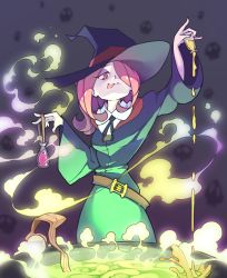 Rule 34 | 10s, 1girl, :p, belt, cauldron, cooking, eyeshadow, hair over one eye, hat, highres, little witch academia, long hair, makeup, nail polish, pink eyes, pink hair, pinky out, potion, rtil, skull, solo, sucy manbavaran, tongue, tongue out, witch, witch hat