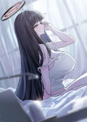 Rule 34 | 1girl, absurdres, bed sheet, black hair, blue archive, blush, breasts, bright pupils, camisole, curtains, from side, halo, highres, huge breasts, indoors, long hair, profile, red eyes, rio (blue archive), sitting, solo, white camisole, white pupils, window, yuki (asayuki101)