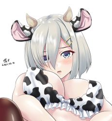 Rule 34 | 1girl, animal print, bikini, black pantyhose, blue eyes, breasts, commentary request, cow print, frilled bikini, frills, hair ornament, hair over one eye, hairclip, hamakaze (kancolle), kantai collection, large breasts, looking at viewer, pantyhose, short hair, silver hair, simple background, solo, swimsuit, tk8d32, upper body, white background