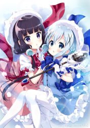 Rule 34 | 2girls, alternate color, blend s, blue bow, blue eyes, blue hair, blue skirt, blue vest, blush, bow, character hat, chestnut mouth, commentary request, company connection, cosplay, frilled skirt, frills, gloves, gochuumon wa usagi desu ka?, hair between eyes, hair ornament, hat, holding, holding spoon, holding wand, kafuu chino, kafuu chino (cosplay), long hair, looking at viewer, low twintails, magical girl, manga time kirara, matching outfits, multiple girls, neki (wakiko), pantyhose, parted lips, pink skirt, pink vest, puffy short sleeves, puffy sleeves, purple eyes, purple hair, sakuranomiya maika, shirt, short sleeves, sidelocks, skirt, spoon, tippy (gochiusa), twintails, very long hair, vest, wand, white gloves, white hat, white legwear, white shirt, x hair ornament