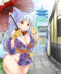 Rule 34 | 1girl, animal ears, bare shoulders, belt, blue hair, bottomless, breasts, brown eyes, city, cleavage, fat rolls, female focus, fingerless gloves, food, fox ears, fox tail, gloves, highres, ice cream, japan, japanese clothes, kimono, kyoto, large breasts, licking lips, long hair, long twintails, looking at viewer, miyano ururu, mole, no bra, no panties, original, outdoors, parasol, plump, road, scarf, smile, solo, standing, street, tail, tongue, tongue out, twintails, umbrella, wide hips, yukata
