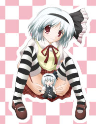 Rule 34 | 1girl, :3, censored, desuno, female focus, full body, konpaku youmu, novelty censor, skirt, solo, spread legs, striped clothes, striped thighhighs, thighhighs, touhou