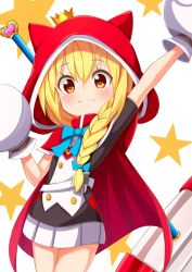 Rule 34 | 1girl, ame., animal ears, animal hood, arm up, black shirt, blonde hair, blush, braid, cape, closed mouth, commentary request, crown, fake animal ears, hair between eyes, hair over shoulder, hammer, han-gyaku-sei million arthur, heart, highres, hood, hood up, hooded cape, long hair, million arthur (series), mini crown, mittens, outstretched arm, pleated skirt, red cape, red eyes, renkin arthur, shirt, short sleeves, simple background, single braid, skirt, smile, solo, star (symbol), starry background, tilted headwear, weapon, weapon on back, white background, white mittens, white skirt