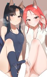 Rule 34 | 2girls, animal ears, barefoot, black hair, blush, breasts, brown eyes, brown footwear, cleavage, cooperative footjob, cum, cum on body, cum on clothes, cum on feet, emirio (emirio110), feet, footjob, forehead, hand in own hair, hattori shizuka, highres, long hair, looking at viewer, medium breasts, minna-dietlinde wilcke, multiple girls, one-piece swimsuit, penis, ponytail, red hair, school swimsuit, sidelocks, small breasts, smile, sweat, swimsuit, thighs, world witches series