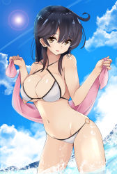 Rule 34 | 10s, 1girl, ahoge, bad id, bad pixiv id, bikini, black hair, breasts, brown eyes, collarbone, criss-cross halter, day, dutch angle, hair between eyes, halterneck, highres, kantai collection, large breasts, long hair, looking at viewer, navel, o-ring, o-ring bikini, o-ring bottom, parted lips, partially submerged, pink towel, skindentation, solo, splashing, standing, sunlight, swimsuit, towel, ushio (kancolle), wading, white bikini, youkan (mattya youkan)