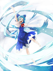Rule 34 | 1girl, arm above head, attack, barefoot, blue eyes, blue hair, cirno, dress, ice, ice wings, matching hair/eyes, open mouth, solo, totteri, touhou, wings