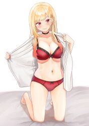 Rule 34 | 1girl, barefoot, bed sheet, black choker, blonde hair, blush, bow, bow bra, bow panties, bra, breasts, choker, cleavage, closed mouth, commentary, dress shirt, ear piercing, earclip, frilled bra, frills, highres, kitagawa marin, kneeling, lace, lace-trimmed panties, lace trim, long hair, looking to the side, medium breasts, no pants, on bed, open clothes, open shirt, opened by self, panties, piercing, red bra, red eyes, red panties, shirt, simple background, smile, solo, sono bisque doll wa koi wo suru, underwear, undressing, white background, white shirt, zuki