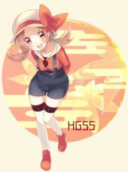 Rule 34 | 1girl, blush, bow, brown eyes, brown hair, cabbie hat, commentary request, copyright name, creatures (company), full body, game freak, grey overalls, hat, hat bow, long hair, looking at viewer, lyra (pokemon), nasakixoc, nintendo, open mouth, orange footwear, orange shirt, overalls, pokemon, pokemon hgss, shirt, shoes, smile, solo, teeth, thighhighs, tongue, twintails, upper teeth only, white hat, white thighhighs