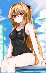Rule 34 | 1girl, arms at sides, bare arms, black one-piece swimsuit, blonde hair, blue sky, blush, breasts, closed mouth, cloud, commentary, covered navel, cowboy shot, curvy, day, eyelashes, eyes visible through hair, fence, frown, hair between eyes, hair intakes, highres, hoshinori19, konjiki no yami, lips, long hair, looking at viewer, medium breasts, one-piece swimsuit, outdoors, poolside, red eyes, school swimsuit, shiny skin, shy, sidelocks, sitting, sky, soaking feet, solo, straight hair, sunlight, swimsuit, thighs, to love-ru, to love-ru darkness, two side up, very long hair, wet, wet clothes, wet swimsuit