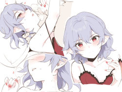 Rule 34 | 1boy, 1girl, asutora, blue hair, blush, bra, breasts, collarbone, commentary request, hair between eyes, heart, heavy breathing, hetero, hug, multiple views, nail polish, pillow, pointy ears, red bra, red eyes, red nails, remilia scarlet, short hair, small breasts, strap slip, touhou, underwear