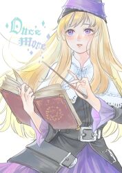 Rule 34 | 1girl, absurdres, belt, blonde hair, blush, book, capelet, commentary request, grimgrimoire, hat, highres, holding, holding book, holding wand, kanikamaseiun, lillet blan, long hair, looking to the side, parted lips, purple eyes, solo, upper body, wand, wizard hat