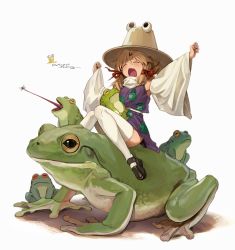 Rule 34 | 1girl, absurdres, animal print, artist name, black footwear, blonde hair, blush, bug, clenched hands, dated, detached sleeves, closed eyes, fang, freng, frog, frog print, hair between eyes, hat, highres, long sleeves, moriya suwako, open mouth, outstretched arm, purple skirt, shoes, signature, sitting, skirt, skirt set, solo, thighhighs, tongue, tongue out, touhou, white background, white thighhighs, yawning