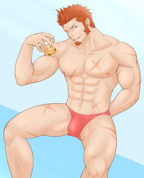Rule 34 | 1boy, abs, alcohol, arm behind back, bara, beard, bikini briefs, blue eyes, brown hair, bulge, commentary request, drink, facial hair, fate/grand order, fate (series), highres, ice, ice cube, large pectorals, long sideburns, looking at viewer, male focus, male swimwear, male underwear, muscular, napoleon bonaparte (fate), nipples, one eye closed, pectorals, porkjinta, red male swimwear, red swim briefs, scar, sideburns, simple background, smile, solo, swim briefs, swimsuit, underwear, underwear only, upper body, whiskey