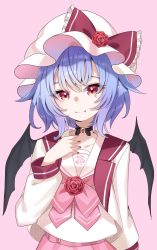 Rule 34 | 1girl, alternate costume, ametama (runarunaruta5656), arm up, bat wings, black choker, blush, bow, choker, collarbone, diamond-shaped pupils, diamond (shape), fang, fang out, flat chest, flower, frilled bow, frills, hat, hat bow, hat ribbon, highres, long sleeves, looking at viewer, mob cap, nail polish, pink background, pink skirt, purple hair, red bow, red eyes, red nails, red ribbon, remilia scarlet, ribbon, rose, shirt, short hair, simple background, skirt, smile, solo, standing, symbol-shaped pupils, touhou, upper body, white shirt, wings