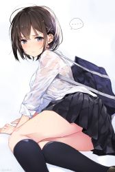 Rule 34 | ..., 1girl, amagai tarou, bag, black hair, black socks, blue eyes, blush, bra, closed mouth, commentary request, frown, hair ornament, hairclip, highres, kneehighs, looking at viewer, lying, on side, original, pleated skirt, school bag, see-through, shirt, short hair, simple background, skirt, socks, solo, spoken ellipsis, underwear, wet, wet clothes, wet shirt
