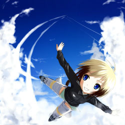 Rule 34 | 1girl, bad id, bad pixiv id, blonde hair, blue eyes, catocala, cloud, day, dog tail, erica hartmann, female focus, gradient background, military, military uniform, multicolored hair, outdoors, sky, smile, solo, strike witches, striker unit, tail, uniform, world witches series
