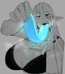 Rule 34 | 1girl, bare shoulders, bioluminescence, blue tongue, breasts, breath, colored tongue, glowing, glowing tongue, grey background, greyscale, hair between eyes, holding, holding tongue, large breasts, long hair, long tongue, looking at viewer, monochrome, ohasi, open mouth, original, pointy ears, saliva, saliva trail, simple background, solo, spot color, teeth, tongue, upper body