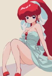 Rule 34 | 1girl, absurdly long hair, ass, bare legs, blue eyes, breasts, cleavage, dress, earrings, eyelashes, high ponytail, jewelry, large breasts, long hair, looking at viewer, no bra, official alternate costume, ponytail, ranma-chan, ranma 1/2, red hair, sanamaru (sana79261827), simple background, solo, very long hair, wide hips
