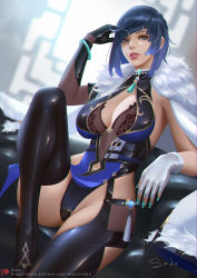 Rule 34 | 1girl, arm up, black gloves, blue eyes, blue hair, boots, china dress, chinese clothes, couch, dress, elbow gloves, fingerless gloves, genshin impact, gloves, latex, latex legwear, latex thighhighs, looking at viewer, nail, nail polish, open mouth, sade abyss, short hair, sitting, solo, thighhighs, window, yelan (genshin impact)