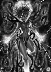 Rule 34 | 1girl, alternate form, arms at sides, aura, black sclera, breasts, collarbone, colored sclera, dark-skinned female, dark aura, dark skin, different colored hair, floating hair, glowing, glowing eyes, glowing hair, glowing hands, legs, md5 mismatch, monster, monster girl, monsterification, navel, one-punch man, resolution mismatch, small breasts, smile, solo, source larger, tatsumaki, telekinesis, tentacles, the golden smurf, thick thighs, thighs, wide hips