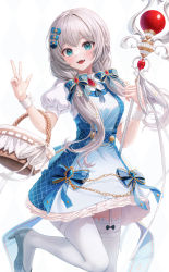 Rule 34 | 1girl, aqua eyes, aqua footwear, basket, braid, breasts, brooch, chain, dorothy (grimlight), dress, funii, garter straps, grimlight, hair ornament, hair ribbon, high heels, highres, holding, holding staff, jewelry, light blush, long hair, looking at viewer, low twintails, medium breasts, open mouth, puffy short sleeves, puffy sleeves, ribbon, short sleeves, simple background, solo, staff, teeth, thighhighs, twintails, upper teeth only, white background, white hair, white thighhighs