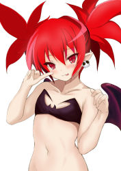Rule 34 | 1girl, :p, bare shoulders, bikini, black bikini, black wings, closed eyes, commentary, demon girl, demon wings, disgaea, earrings, etna (disgaea), flat chest, inaka pan, jewelry, looking at viewer, makai senki disgaea, medium hair, navel, pointing, pointing at self, pointy ears, red eyes, red hair, simple background, skull earrings, smile, solo, spiked hair, standing, strapless, strapless bikini, swimsuit, tongue, tongue out, twintails, upper body, white background, wings