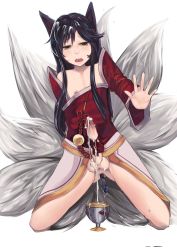 Rule 34 | 1boy, absurdres, ahri (league of legends), anal, anal object insertion, androgynous, animal ears, black hair, crossdressing, cum, cumdrip, erection, gender request, genderswap, highres, league of legends, male focus, male penetrated, object insertion, penis, solo, stmast, tail, testicles, trap
