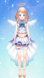 Rule 34 | 1girl, :d, angel wings, arms at sides, bare shoulders, blue eyes, blush, commentary request, feathers, full body, halo, highres, light brown hair, looking at viewer, midriff, momoshiki tsubaki, nail polish, navel, open mouth, pleated skirt, pointy ears, shiotenshi channel, shiotenshi riel, shirt, shoes, skirt, sleeveless, sleeveless shirt, smile, solo, standing, straight-on, virtual youtuber, white feathers, white shirt, white skirt, wings