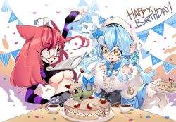 Rule 34 | 2girls, ahoge, birthday, birthday cake, blue hair, bow, breasts, cake, confetti, crop top, cup, elf, english text, flower, food, freaked fleapit (game), freakedfleapit, fruit, fur trim, glasses, hair flower, hair ornament, happy birthday, heart, heart ahoge, highres, hololive, large breasts, looking at another, midriff, multicolored hair, multiple girls, open mouth, pointy ears, ruby (freaked fleapit), strawberry, streaked hair, underboob, virtual youtuber, yellow eyes, yukihana lamy, yukihana lamy (1st costume), zipper