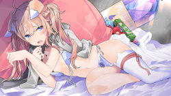 Rule 34 | 1girl, animal ear fluff, animal ears, artist request, black jacket, blue eyes, blue panties, blush, bottle, breasts, candy, chewing gum, food, game cg, hair between eyes, jacket, long hair, looking at viewer, mini person, minigirl, monster musume no iru nichijou, monster musume no iru nichijou online, official art, open mouth, orange hair, panties, partially undressed, rem (monster musume), single thighhigh, small breasts, solo, thighhighs, twintails, underwear, water bottle, white thighhighs