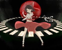 Rule 34 | 1girl, bow, brown hair, detached sleeves, full moon, hair bow, hair tubes, hakurei reimu, highres, kawashina (momen silicon), looking at viewer, mary janes, midriff, moon, navel, red eyes, red moon, shoes, skirt, socks, solo, touhou, white socks