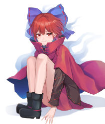 Rule 34 | 1girl, absurdres, black footwear, black shirt, blue bow, blue cape, boots, bow, cape, closed mouth, full body, hair between eyes, hair bow, highres, koizumo, long sleeves, miniskirt, multicolored cape, multicolored clothes, red cape, red eyes, red hair, red skirt, sekibanki, shirt, short hair, simple background, skirt, smile, solo, touhou, white background
