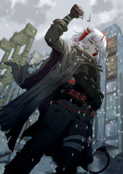 Rule 34 | 1girl, arknights, belt, black gloves, blurry, building, cloud, cloudy sky, commentary, day, demon horns, explosive, fingerless gloves, from below, gloves, grenade, grey hair, highres, holding, horns, jacket, looking at viewer, outdoors, red eyes, samacho, scarf, shirt, short hair, sky, smile, snowing, solo, w (arknights), winter