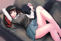 Rule 34 | absurdres, arm behind head, black hair, candy, couch, food, grey eyes, gyaru, highres, lollipop, looking at viewer, lying, multicolored hair, necktie, on back, open mouth, pillow, red hair, school uniform, skirt, smile, sono bisque doll wa koi wo suru, sugaya nowa, twintails, unstableboiler