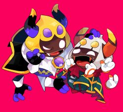 Rule 34 | 2boys, cape, dark taranza, disembodied hand, evil smile, extra arms, fangs, gloves, highres, horns, kirby (series), looking at another, male focus, multiple boys, ni re, nintendo, no humans, open mouth, rayman limbs, red background, smile, sweat, taranza, team kirby clash deluxe