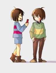 Rule 34 | 2others, = =, ahoge, androgynous, ankle boots, arms at sides, blue shorts, blue sweater, blush stickers, boots, brown footwear, brown hair, brown pants, chara (undertale), child, chocolate, closed eyes, commentary, evil smile, food, frisk (undertale), from side, full body, giving, green sweater, grey background, highres, holding, holding chocolate, holding food, long sleeves, multiple others, open mouth, other focus, pants, profile, short hair, shorts, simple background, smile, sonokare, standing, sweater, symbol-only commentary, undertale, | |