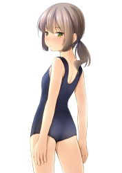 Rule 34 | 1girl, ass, bare arms, bare shoulders, blue one-piece swimsuit, blush, brown hair, closed mouth, commentary request, from behind, green eyes, highres, long hair, looking at viewer, looking back, old school swimsuit, one-piece swimsuit, original, ponytail, school swimsuit, shibacha, simple background, solo, standing, swimsuit, thighs, white background