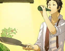 Rule 34 | 1boy, adachi tooru, alchohol, alcohol, atlus, brown eyes, brown hair, cabbage, casual, cooking, drinking, food, formal, frying pan, looking away, male focus, nazgullow, necktie, open clothes, open shirt, persona, persona 4, shirt, sleeves rolled up, solo, unbuttoned, unbuttoned shirt