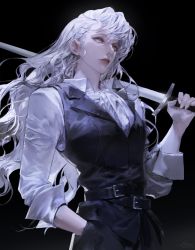 Rule 34 | 1girl, belt, belt buckle, buckle, collared shirt, cowboy shot, dark background, from below, hair between eyes, hand in pocket, highres, holding, holding sword, holding weapon, long hair, long sleeves, looking away, original, parted lips, shirt, signature, sleeves rolled up, solo, sword, vest, vlfdus 0, weapon, white hair, wing collar, yellow eyes