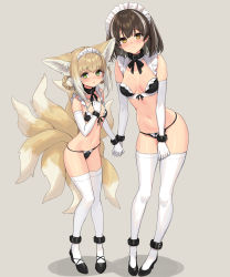 Rule 34 | 2girls, :o, absurdres, animal ears, ankle cuffs, arknights, bdsm, black bra, black collar, black footwear, black legwear, black neckwear, black panties, blonde hair, blush, bra, braid, breasts, brown hair, chinese commentary, collar, commentary request, detached sleeves, earrings, embarrassed, fox ears, fox girl, fox tail, full body, green eyes, grey background, hand up, height difference, highres, holding hands, jewelry, kitsune, kyuubi, looking at viewer, magallan (arknights), maid headdress, medium breasts, multicolored hair, multiple girls, multiple tails, navel, panties, shadow, shoes, short hair, sigm@, simple background, sketch, slave, small breasts, standing, stomach, streaked hair, suzuran (arknights), tail, thighhighs, underwear, white hair, white headdress, white legwear, white sleeves, yellow eyes