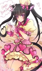 Rule 34 | 10s, 1girl, alternate costume, animal ears, artist name, black hair, blush, cat ears, cat tail, closed mouth, dated, dress, frilled dress, frills, hair ornament, happy birthday, hat, heart, highres, kiraki, kneehighs, kneeling, long hair, looking at viewer, pastry bag, pink dress, pink eyes, puffy short sleeves, puffy sleeves, senki zesshou symphogear, short sleeves, smile, socks, solo, tail, tsukuyomi shirabe, twintails