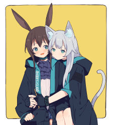 Rule 34 | 2girls, amiya (arknights), animal ears, arknights, ascot, blush, brown hair, cat ears, cat girl, cat tail, coldcat., fingerless gloves, gloves, green eyes, highres, hug, infection monitor (arknights), jacket, long hair, multiple girls, rabbit ears, rabbit girl, rosmontis (arknights), silver hair, sweatdrop, tail, wristband, yuri