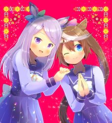 Rule 34 | 2girls, :d, ;), animal ears, bow, brown hair, ear ribbon, floral background, green ribbon, hair ribbon, hands on another&#039;s shoulder, horse ears, horse girl, kou hiyoyo, leaning to the side, long hair, long sleeves, mejiro mcqueen (umamusume), multicolored hair, multiple girls, one eye closed, open mouth, palms together, pink ribbon, pleated skirt, ponytail, purple eyes, purple hair, purple shirt, purple skirt, red background, ribbon, school uniform, shirt, skirt, smile, streaked hair, tokai teio (umamusume), tracen school uniform, umamusume, very long hair, white bow, white hair