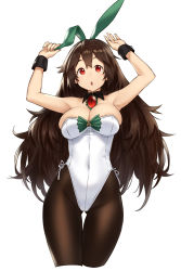 Rule 34 | 1girl, animal ears, armpits, arms up, bare shoulders, breasts, brooch, brown hair, brown pantyhose, cleavage, covered navel, cowboy shot, detached collar, gluteal fold, hairband, highres, houtengeki, jewelry, large breasts, leotard, long hair, pantyhose, playboy bunny, rabbit ears, red eyes, reiuji utsuho, side-tie leotard, simple background, solo, thigh gap, touhou, very long hair, white background, wrist cuffs