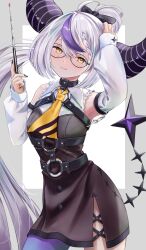 Rule 34 | 1girl, bare shoulders, detached sleeves, glasses, grey hair, highres, hololive, holox, horns, hxk4 n, la+ darknesss, long hair, multicolored hair, smile, solo, streaked hair, striped horns, virtual youtuber, yellow eyes