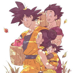 Rule 34 | 1girl, 3boys, artist name, basket, black eyes, black hair, blush, bracelet, carrying, chi-chi (dragon ball), chinese clothes, dappled sunlight, dougi, dragon ball, dragonball z, expressionless, family, food, fruit, hand on another&#039;s head, happy, jewelry, leaf, looking at another, looking away, miiko (drops7), multiple boys, open mouth, piggyback, simple background, smile, son gohan, son goku, son goten, spiked hair, strawberry, sunlight, walking, white background