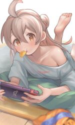 Rule 34 | 1girl, :t, bad id, bad twitter id, barefoot, brown eyes, chips (food), collarbone, commentary, copyright name, feet, food, food in mouth, foot up, grey hair, hair between eyes, handheld game console, highres, holding, holding handheld game console, light blush, long hair, looking at viewer, lying, multicolored hair, nintendo switch, nyapanu, on stomach, onii-chan wa oshimai!, oversized clothes, oversized shirt, oyama mahiro, pink hair, potato chips, shirt, short sleeves, single bare shoulder, soles, solo, toes, two-tone hair
