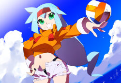 Rule 34 | 1girl, ashe (mega man), ball, blue hair, cloud, crop top, female focus, green eyes, holding, holding ball, kaidou zx, long hair, mega man (series), mega man zx, mega man zx advent, ocean, open clothes, open shorts, short hair, shorts, sky, swimsuit, swimsuit under clothes, tagme, unbuttoned, unbuttoned pants, unzipped, volleyball (object), water