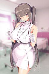 Rule 34 | 1girl, absurdres, blunt bangs, blurry, blurry background, blush, breasts, dress, gloves, green hair, hanasaka houcha, highres, id card, large breasts, long hair, looking at viewer, nurse, one eye closed, open mouth, original, purple eyes, side slit, solo, stethoscope, twintails